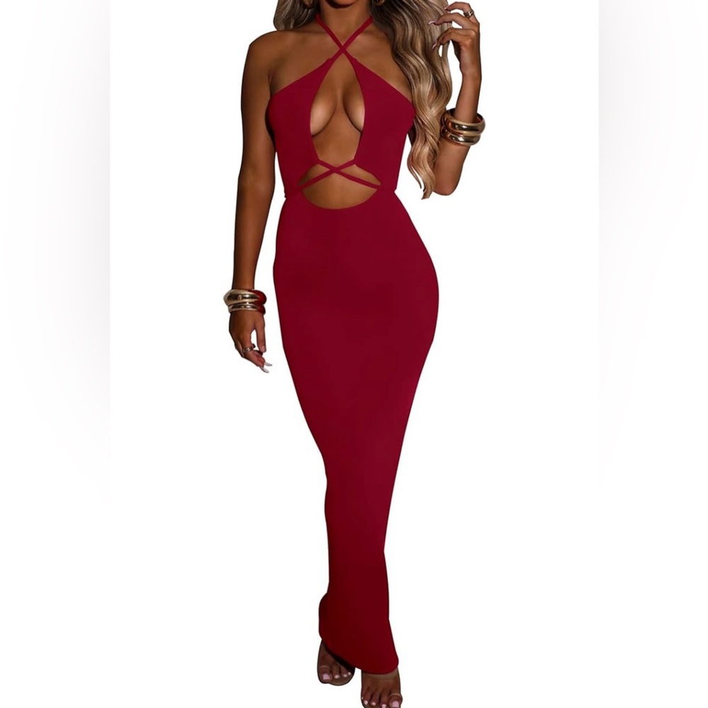 WuLun Women’s Sexy Halter Cross Cut Out Slim Backless Bodycon Long Dress